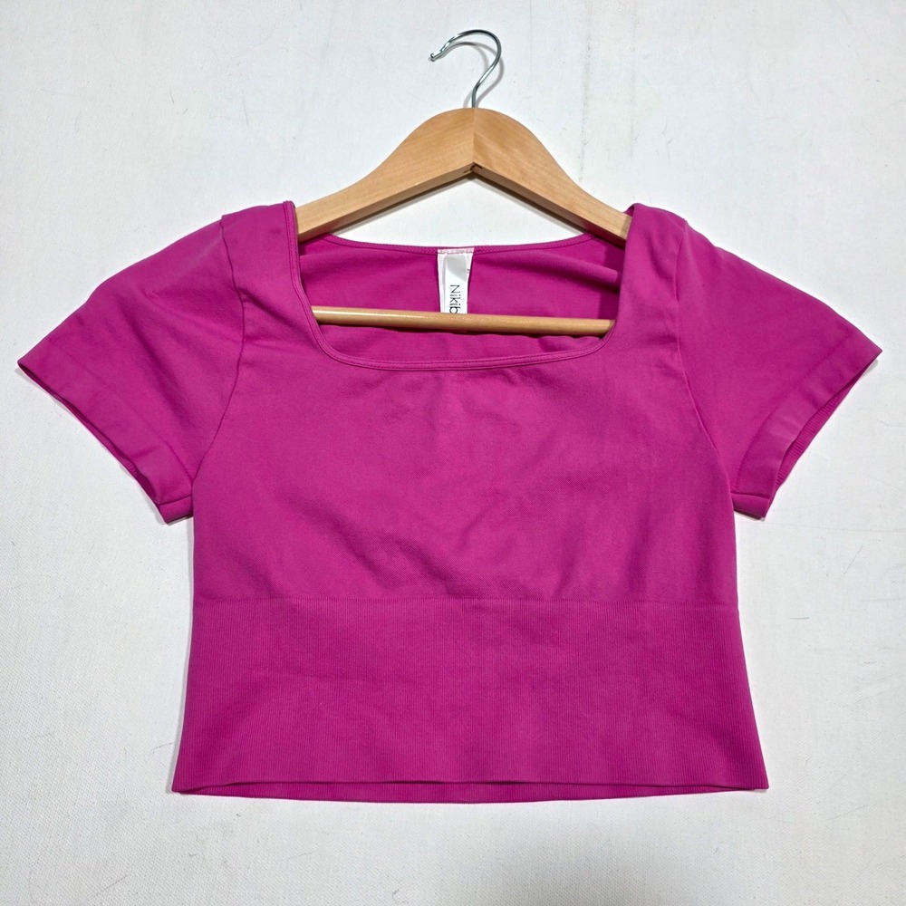 Nikibiki Crop Top Womens One Size Pink Square Neck Seamless Short Sleeve NS8114